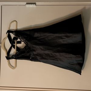 Black satin halter slip with black lace trim